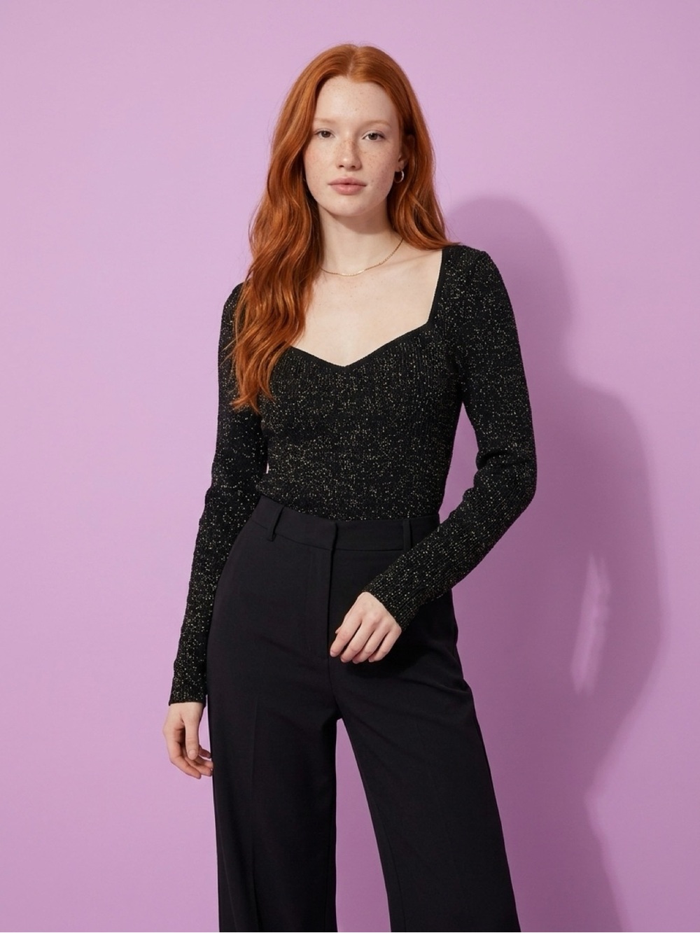 Anthropologie Black Sparkle Sweetheart Long-Sleeve Top
